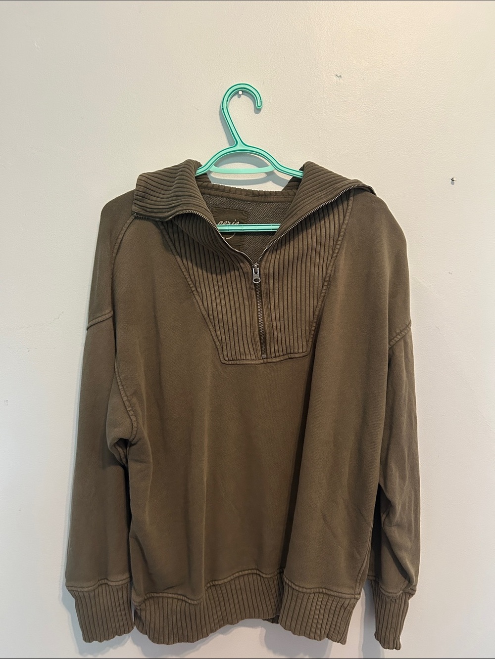 Aerie Olive Green Quarter-Zip Funnel Neck Sweater